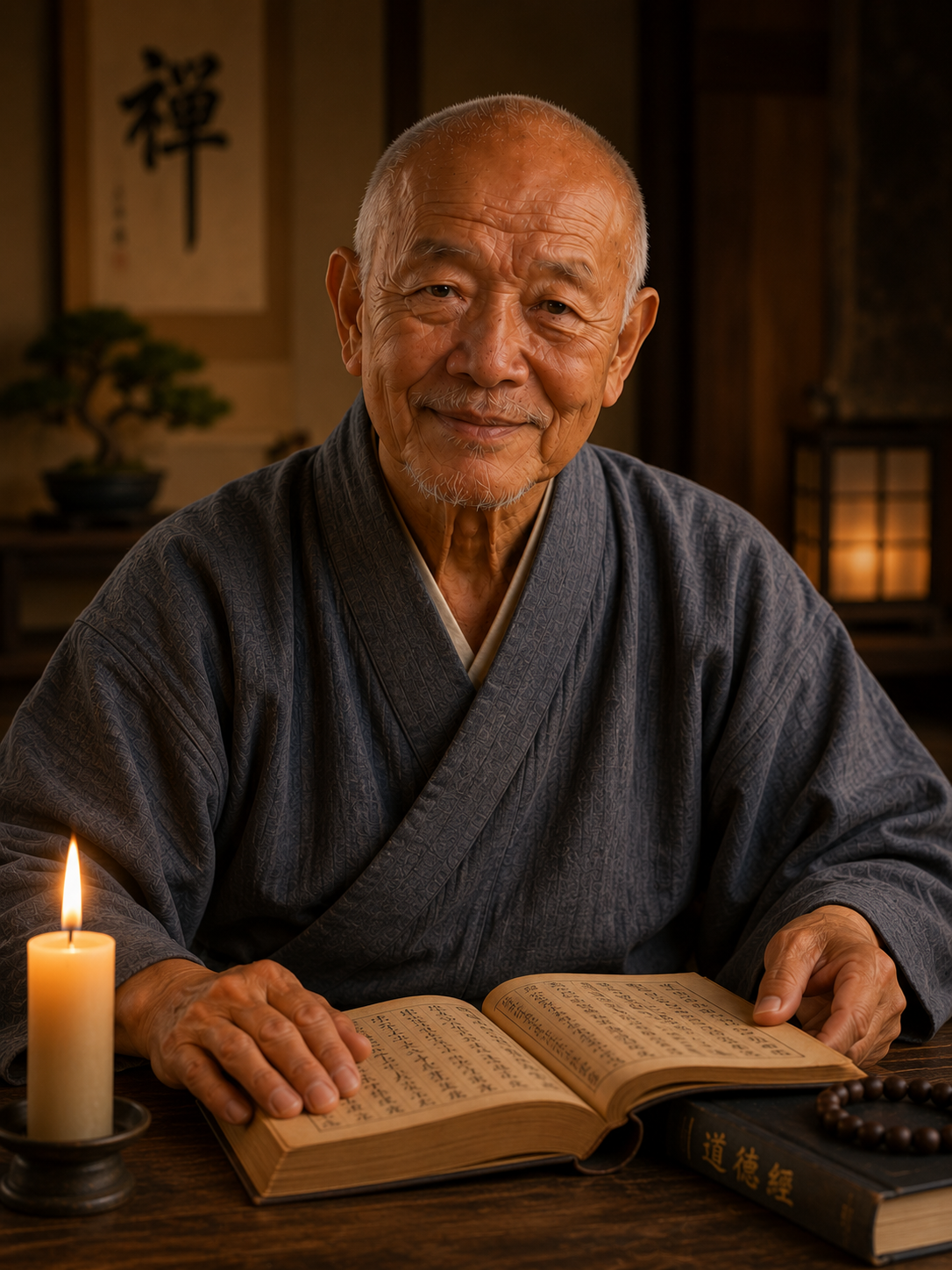 Monje Dao Jin con una vela y un libro